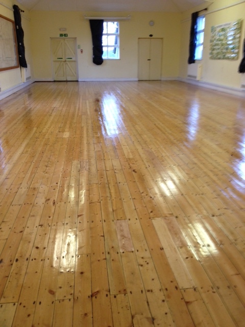 sanded and lacquered village hall